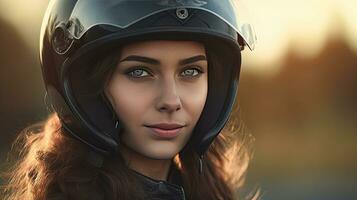 uma lindo mulher dentro motocicleta capacete. generativo ai foto