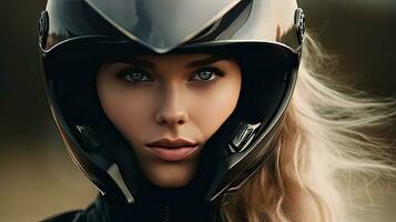 uma lindo mulher dentro motocicleta capacete. generativo ai foto