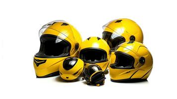 conjunto coleção do amarelo motocicleta carbono integrante batida capacete isolado em branco fundo. generativo ai foto