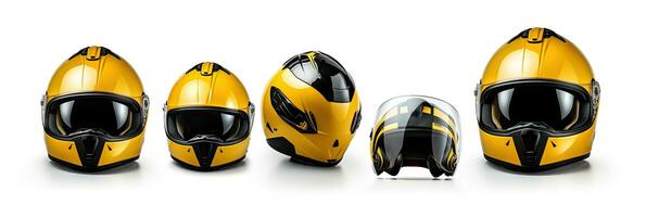 conjunto coleção do amarelo motocicleta carbono integrante batida capacete isolado em branco fundo. generativo ai foto