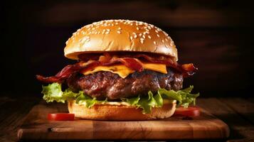 bacon hamburguer com carne patty em vermelho de madeira mesa. generativo ai foto