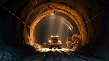 túnel escavadora para broca uma estrada através a montanhas. estrada construção. generativo ai foto