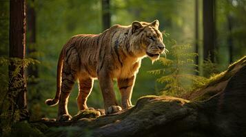 uma dente de sabre tigre smilodon em pé em uma Rocha dentro a floresta. generativo ai foto