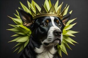 retrato do uma fofa cachorro dentro uma dourado coroa em uma sólido cor fundo. ai generativo foto
