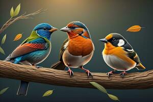 vetor ilustração do uma grupo do colorida pássaros sentado em uma ramo. ai generativo foto