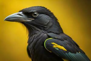 fechar acima retrato do uma Preto Raven, corvus corax. ai generativo foto