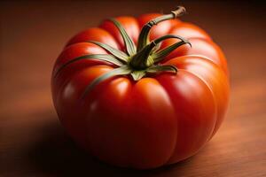 fresco tomate em uma de madeira fundo. ai generativo foto