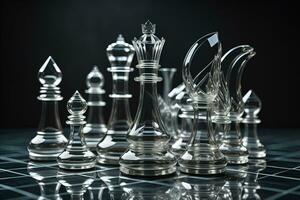vidro xadrez peças em uma Sombrio fundo, a conceito do o negócio estratégia. ai generativo foto