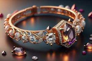 Casamento anel com diamantes em uma sólido cor fundo. joia. ai generativo foto