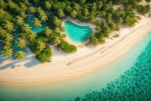 aéreo Visão do lindo tropical de praia e mar com coco Palma árvore. ai generativo foto
