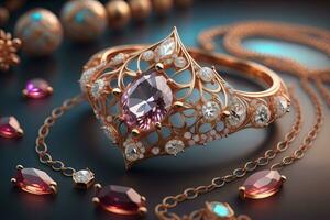Casamento anel com diamantes em uma sólido cor fundo. joia. ai generativo foto
