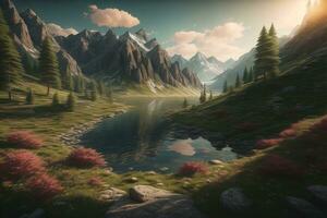 lindo fantasia panorama com uma rio dentro a montanhas. ai generativo foto
