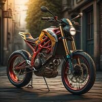 moderno poderoso Esportes motocicleta em uma colorida fundo. ai generativo foto