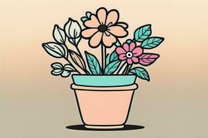 ilustração do uma vaso de flores com Rosa e azul flores em uma cinzento fundo. ai generativo foto