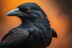 fechar acima retrato do uma Preto Raven, corvus corax. ai generativo foto