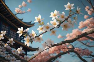 cereja Flor sakura flor em azul céu fundo, ai generativo foto