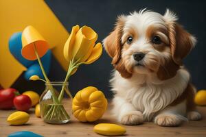 retrato do uma fofa cachorro em uma colorida fundo. estúdio tomada. ai generativo foto