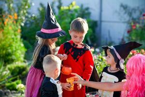 crianças truque ou tratar dentro dia das Bruxas traje . uma pequeno Garoto e uma menina dentro ternos receber doce a partir de uma mulher . foto
