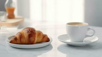 croissant em uma placa, café dentro a fundo. foto