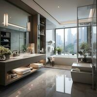 interior Projeto do uma espaçoso moderno luxo banheiro, ai generativo foto
