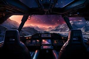 futurista cockpit do nave espacial ao controle sistema quarto com planetas Visão cenário, exterior espaço, astronauta. planeta horizonte, ai generativo foto