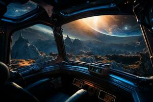 futurista cockpit do nave espacial ao controle sistema quarto com planetas Visão cenário, exterior espaço, astronauta. planeta horizonte, ai generativo foto