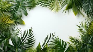 tropical quadro, Armação com verde Palma folhas Projeto em fundo, cópia de espaço, verão fundo, ai generativo foto