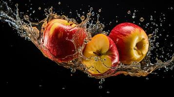 fresco suculento maçã fruta com água respingo isolado em fundo, saudável fruta, ai generativo foto