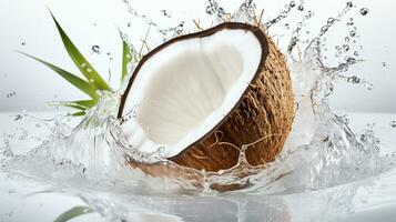 metades do uma coco com água respingo isolado em fundo, saudável tropical comida., ai generativo foto