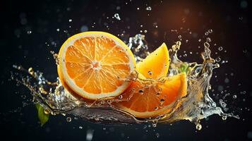 fresco suculento laranja fruta com água respingo isolado em fundo, saudável fruta, ai generativo foto