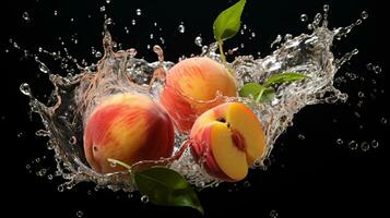 fresco suculento pêssego fruta com água respingo isolado em fundo, saudável fruta, ai generativo foto