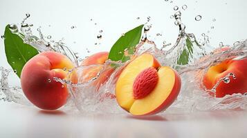 fresco suculento pêssego fruta com água respingo isolado em fundo, saudável fruta, ai generativo foto