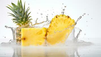 fresco suculento abacaxi fruta com água respingo isolado em fundo, saudável tropical fruta, ai generativo foto