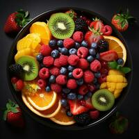 tigela do saudável fresco fruta salada, fechar acima do uma colorida misturado tropical fruta, cópia de espaço, ai generativo foto