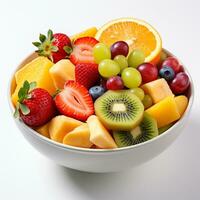 tigela do saudável fresco fruta salada, fechar acima do uma colorida misturado tropical fruta, cópia de espaço, ai generativo foto