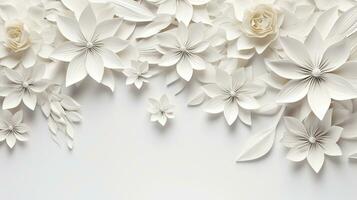 branco papel flores fundo, Casamento decoração, nupcial ramalhete, cumprimento cartão modelo, cópia de espaço, ai generativo foto