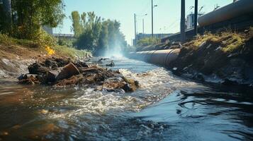 contaminado água conceito, sujo água fluxos a partir de a tubo para dentro a rio, água poluição, meio Ambiente contaminação, ai generativo foto