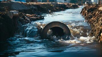 contaminado água conceito, sujo água fluxos a partir de a tubo para dentro a rio, água poluição, meio Ambiente contaminação, ai generativo foto