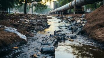 contaminado água conceito, sujo água fluxos a partir de a tubo para dentro a rio, água poluição, meio Ambiente contaminação, ai generativo foto