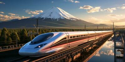 alta velocidade trilho trem viagem, velozes moderno transporte, futurista tecnologia conceito, ai generativo foto