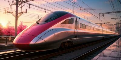 alta velocidade trilho trem viagem, velozes moderno transporte, futurista tecnologia conceito, ai generativo foto
