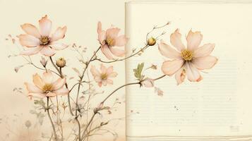esboço do lindo flor em desenhando esboço livro, sereno poesia conceito, plano deitar, ai gerado foto