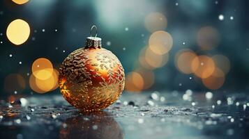 fechar acima do iluminado Natal árvore ornamento, inverno feriados decoração, cópia de espaço, cumprimento cartão, ai generativo foto