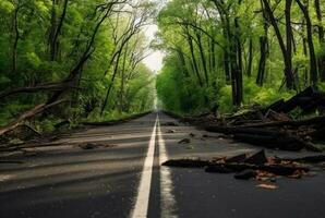 Visão do a asfalto estrada dentro a meio do uma floresta com árvores desmoronando vencimento para uma natural desastre. generativo ai foto