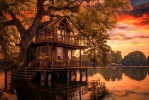 Visão do árvore casa em lago com pôr do sol beleza. generativo ai foto