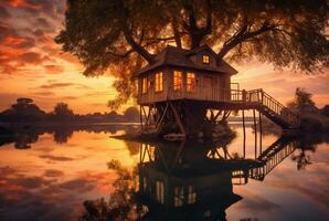 Visão do árvore casa em lago com pôr do sol beleza. generativo ai foto