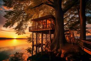 Visão do árvore casa em lago com pôr do sol beleza. generativo ai foto