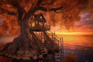 Visão do árvore casa em lago com pôr do sol beleza. generativo ai foto