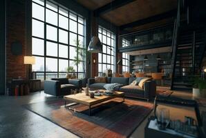 interior Projeto do vivo quarto dentro industrial estilo com ampla janelas decorado com concreto. generativo ai foto