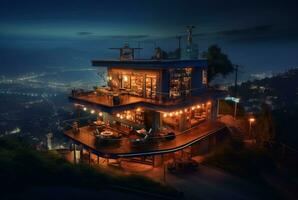uma café fazer compras em uma Colina com Visualizações do urbano luzes às noite. generativo ai foto